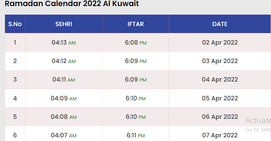 Ramadan Calendar 2022 Al Kuwait