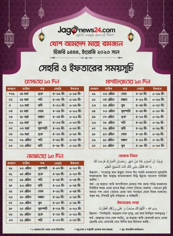 Ramadan Calendar 2023 Bangladesh PDF Download with Roza Niyat Bangla